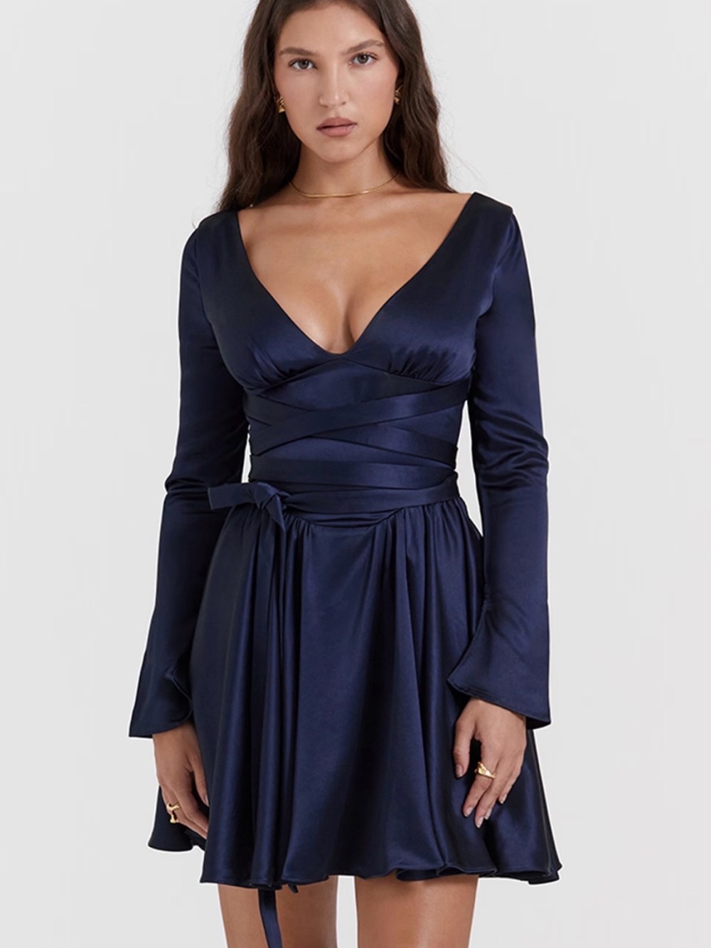 House of CB Midnight Satin Wrap Mini Dress with Long Sleeves